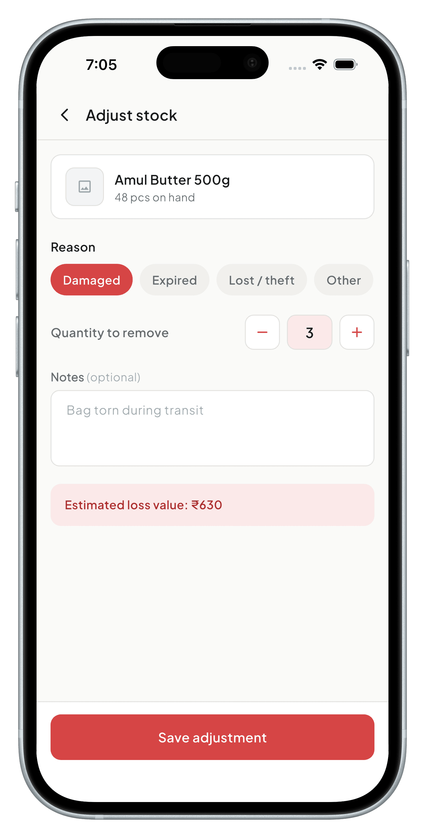 Adjusting stock with a reason code