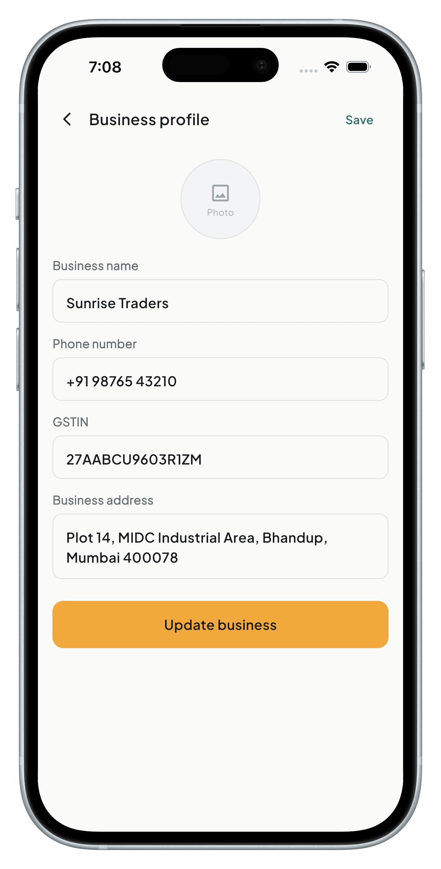 Business profile with GSTIN and tax details