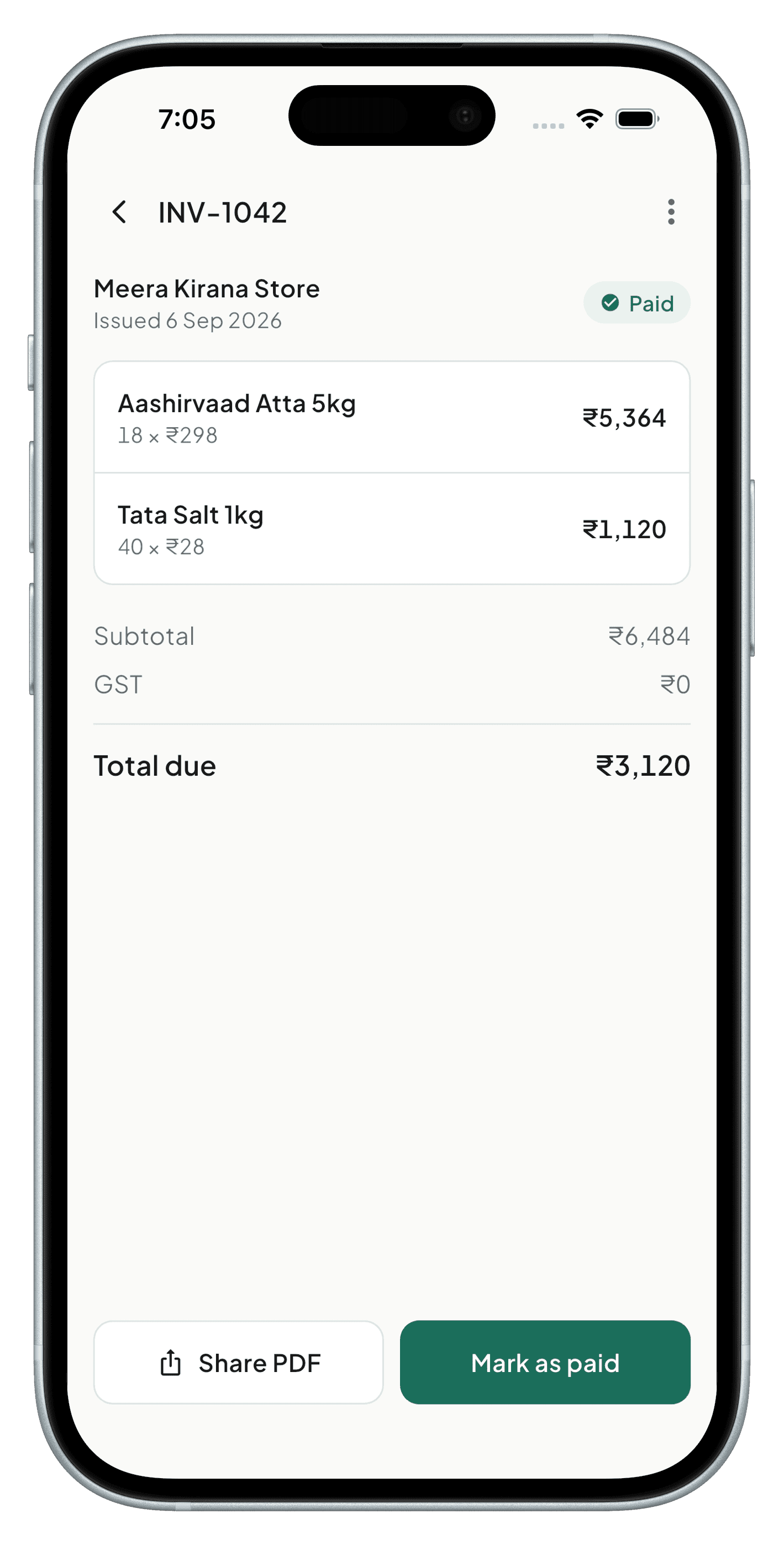 Invoice detail view with line items and totals