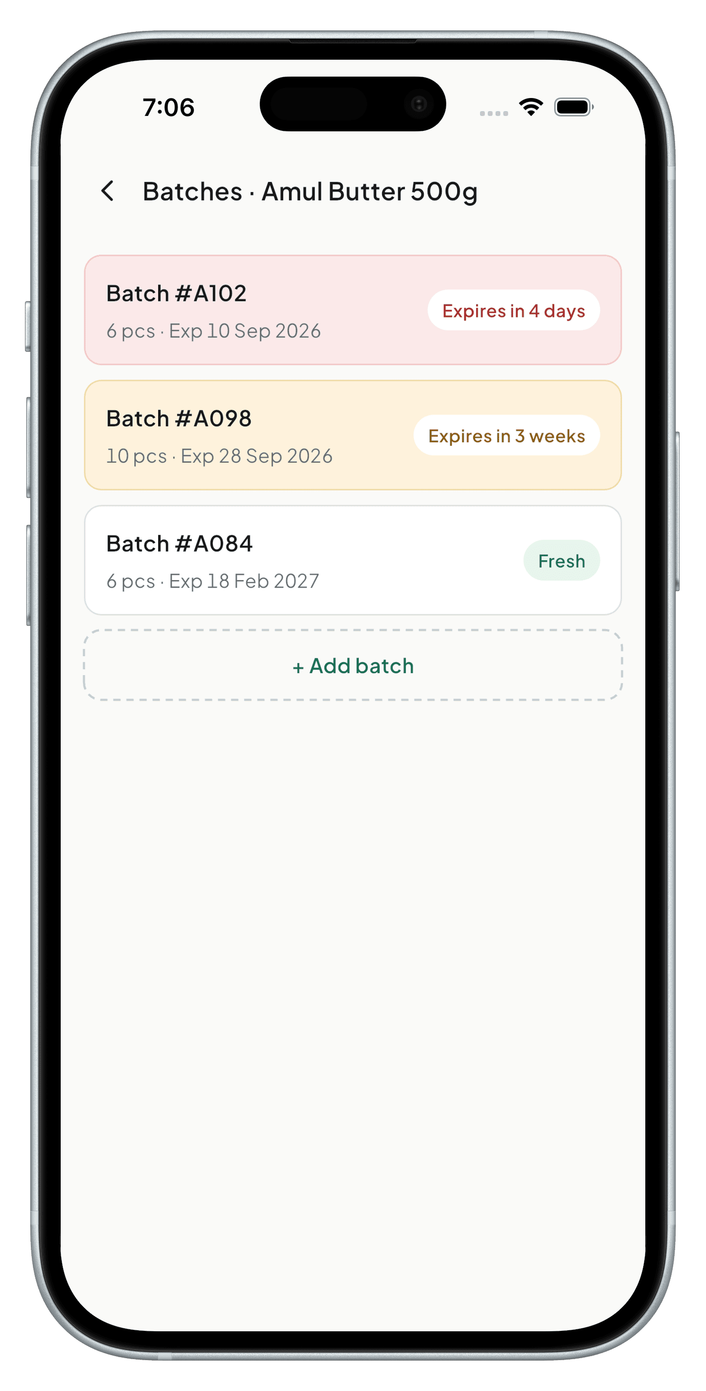 Batch list for an item with expiry dates