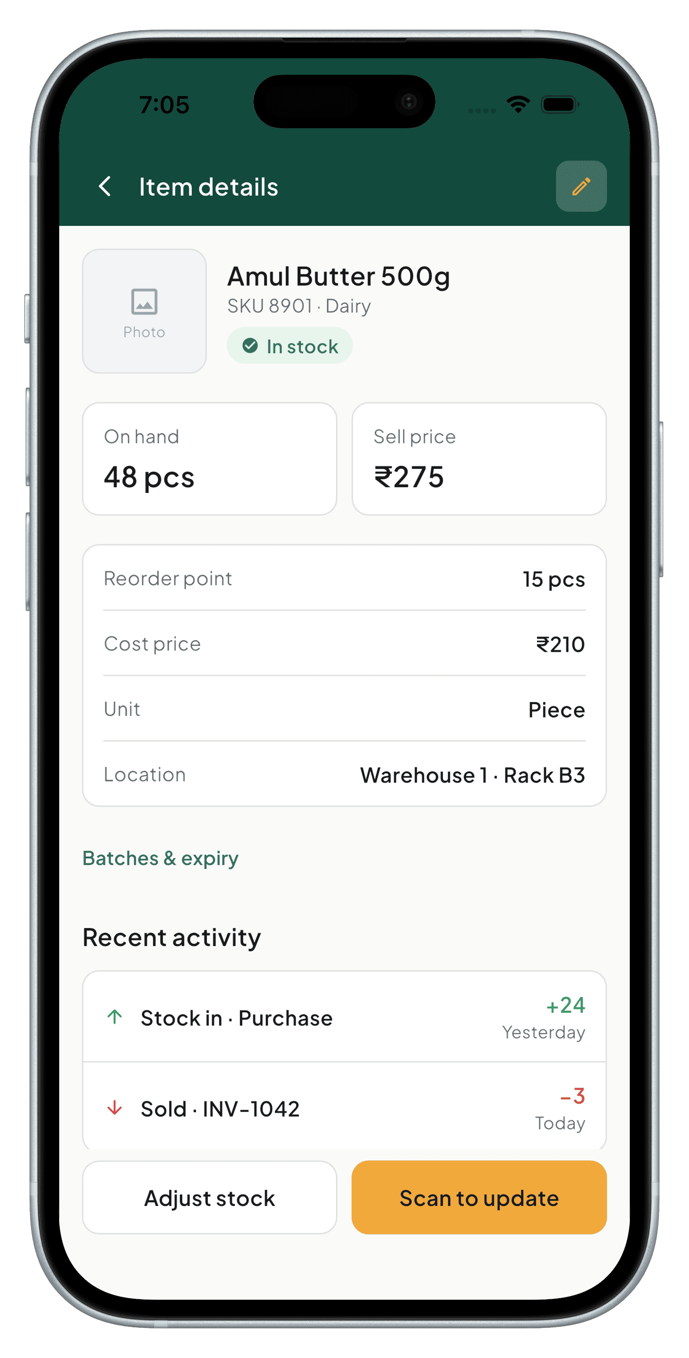 Item detail view with SKU and stock levels