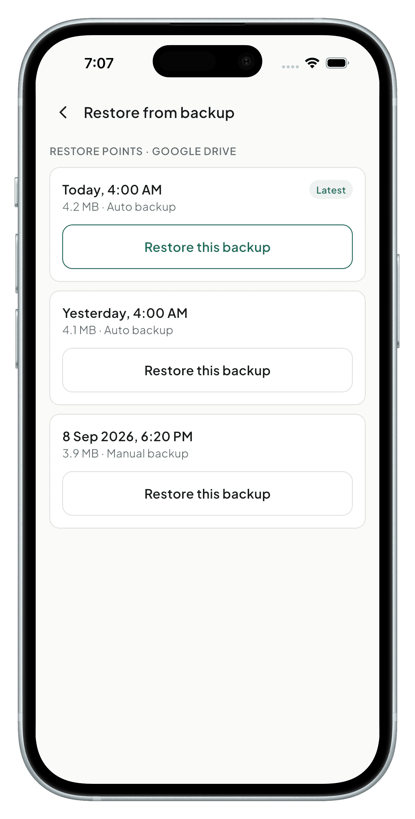 Restoring the app from a local backup
