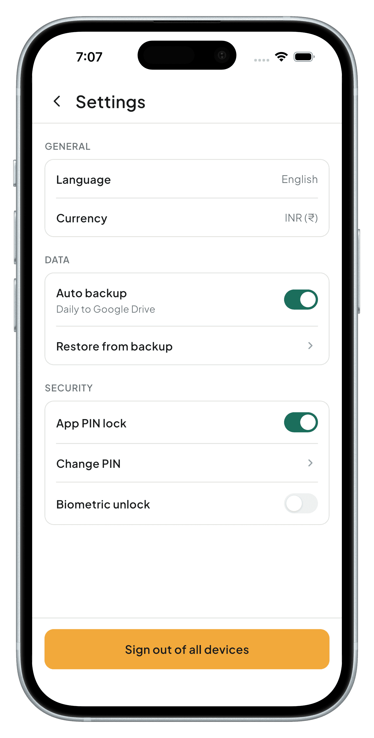 Settings screen with security and access controls